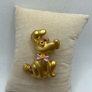 Brooch, Gold tone dog, red eyes and pink bow tie